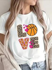 1 camiseta de manga corta, ligera y duradera, estampada con un tema de baloncesto para entusiastas. Adecuado para el ocio en casa, el gimnasio o para salir, con estampado de leopardo y diseños de corazones, es perfecto para los amantes del deporte y para la comodidad diaria. 180g 100% Algodón - Negro - Ver 7