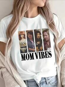 Polyester Short Sleeve T-Shirt With "Mom Vibes" Print, Lightweight And Durable For Casual Wear At Home, Restaurant Or Outdoor Activities, With Fun Maternity-Themed Design In Bold Lettering - [白色的] - 查看 6