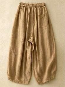 Pantalones cómodos y casuales de cintura alta, elásticos y de lino con caída, adecuados para otoño y verano - Camel - Ver 3