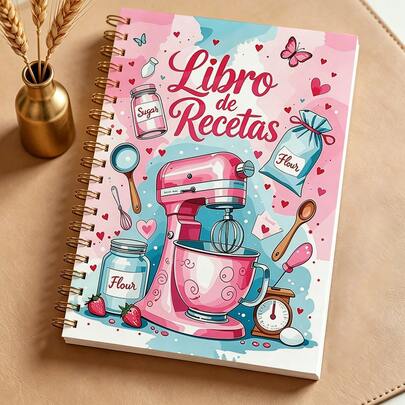 DANPERJI 1本A5西班牙语食谱笔记本，“Libro De Recetas”螺旋笔记本，适合家庭厨师和甜点爱好者的可爱烘焙收纳本