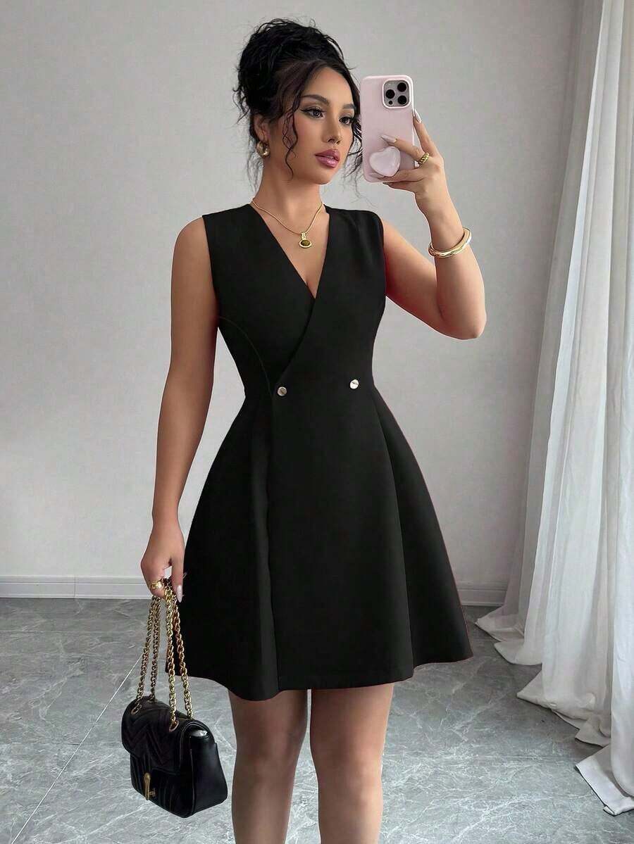 Vestido de mujer elegante, de estilo francés, de unicolor, con escote en V, abotonadura doble pecho con botones de metal, plisado, mini línea A, sin mangas, para uso casual, vacaciones, oficina o diario, primavera/verano - Negro - Ver 1