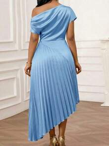 Lady Vestido elegante de mujer con estampado de teñido anudado y cuello asimétrico - Azul - Ver 2