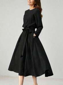 Vestido casual largo de unicolor para mujer con bolsillos y cintura con lazo, adecuado para boda, primavera, elegante, negro - Negro - Ver 2