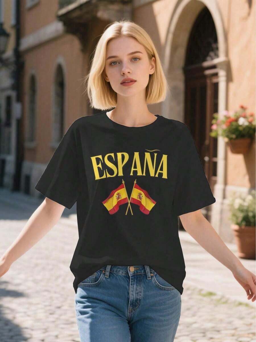Women's Casual T-Shirt, Fashionable Outdoor Outfit, Holiday Gift, Spanish National Team Graphic T-Shirt For Women, Spanish Flag And Lettering Print, Loose Fit, Short Sleeve Crew Neck T-Shirt, Fan Apparel, All-Season Comfort For Events And Casual Wear, Spanish Pride Team Spirit T-Shirt With Geometric Pattern. Ideal For Gifting. Women's T-Shirt. Stylish. Bohemian Style. Soft, Breathable, And Comfortable Garment, Perfect For Spring, Summer, And Fall; Ideal For Vacations, Travel, And Everyday Wear. Perfect For Watching A Game. - 黑色 - 查看 1