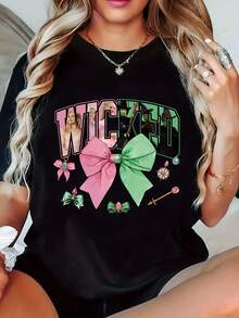 Women's 'Wicked Witch' Graphic Tee - Short Sleeve, Crew Neck, Festive Holiday Design, Casual All-Season Tee | Playful Graphic Tee | Shiny Texture, For Halloween - 黑色 - 查看 1