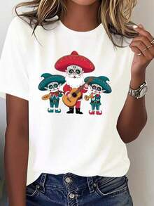 Women's Loose Lightweight Graphic Print T-Shirts - Mexican Mariachi Band Design - Bright Red Day Of The Dead Design With Skull And Maracas Motifs - 100% Casual And Comfortable Style, Suitable For Theme Parties, Festivals, And Everyday Wear - Mexican Cultural Clothing, Printed With Sombrero And Guitar Motifs - Machine Washable, Suitable For All Seasons - Festive Mariachi Band Theme - Loose Fit For All-Day Wear - Perfect For Traditional Mexican Events - 100% Cotton, A Popular Choice. Women's Basic Cotton Crew Neck T-Shirt - 白色的 - 查看 11