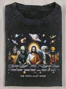 Impala Women's Vintage Space Theme Graphic T-Shirt - 210GSM Washed Cotton With Alien DJ Design For Parties - Black Retro Sci-Fi Tee For Concerts, Festivals, And Everyday Streetwear - Machine Washable Loose Fit Summer Top, Concert Wear, Unique Art, Durable Fabric, Statement Piece, For Music Lovers - Lightweight And Breathable - 紅色的 - 查看 9