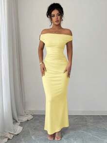Vestido formal elegante con hombros descubiertos y detalles metálicos fruncidos para mujeres - Amarillo claro - Ver 7