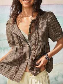 Camisa casual retro a cuadros con cuello redondo, volantes fruncidos y mangas con volantes para mujer - Rosa Fucsia - Ver 11