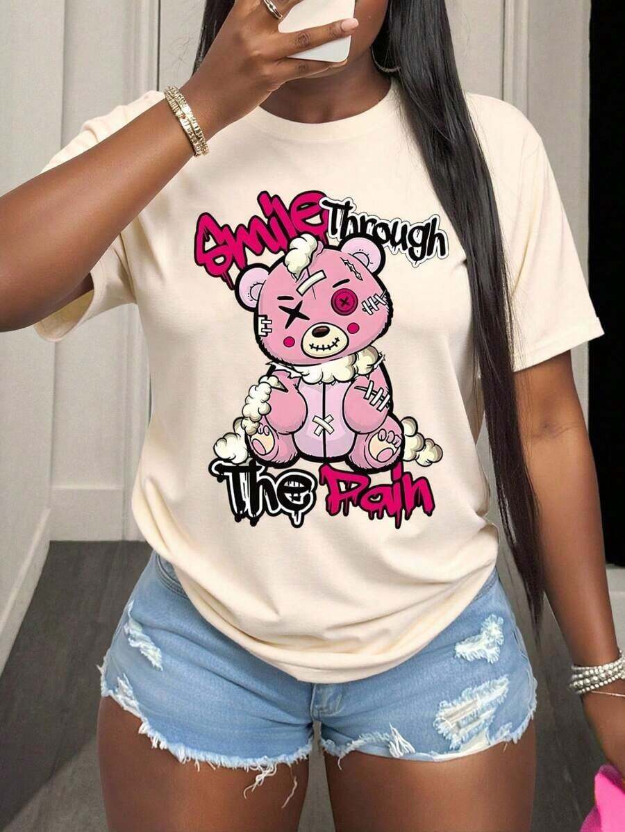 Women's Casual Short-Sleeved Slim-Fit T-Shirt, Summer, Leisure And Comfortable, Round Neck, "Smile Through The Pain" And Bear Print, Fashionable Garment - 風格 - 查看 1