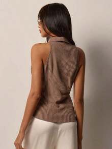 Blusa elegante sin mangas con cintura anudada para mujer, versátil para ir al trabajo, la oficina y salidas casuales, ajuste regular, estilos a rayas y lisos, blusas casuales de negocios para mujer, últimas novedades en blusas para mujer - Caqui 2 - Ver 2