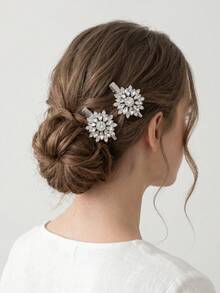 2pcs Crystal Flower Hair Clips, Sparkling Rhinestone Hair Clips Suitable For Weddings, Daily Wear, Elegant Crystal Flower Hair Clips, Crystal Hair Accessories Suitable For Brides, Galas And Parties - Silver - View 6
