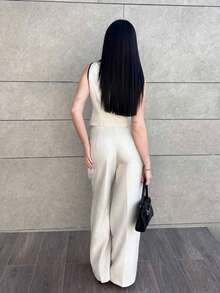 Traje de chaleco y pantalones con ribete de contraste elegante para mujer, todos los atuendos para mujer, de vuelta a la escuela, atuendos de maestra para mujer, vestido de invitada de boda elegante, casual de negocios para mujer, vestido de invi - Albaricoque - Ver 2