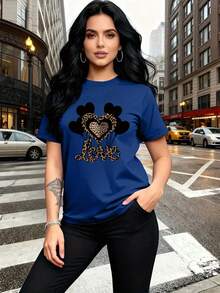 Combinación de salvajismo y ternura, estampado de patrón de globo en forma de corazón negro con estampado de leopardo, moda y , camiseta de mujer de manga corta casual de cuello redondo simple, adecuada para actividades como ocio, turismo y vacaciones 13419- Uso diario, fácil de lavar y mantener - Azul - Ver 2