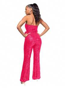 New Women's Jumpsuit, Hot Style, Sleeveless, Sequined, Backless, With Ribbons, Tube Top, Sexy Design, Perfect For Photoshoots, Nightclubs, Parties And Evening Looks - 玫紅色 - 查看 3
