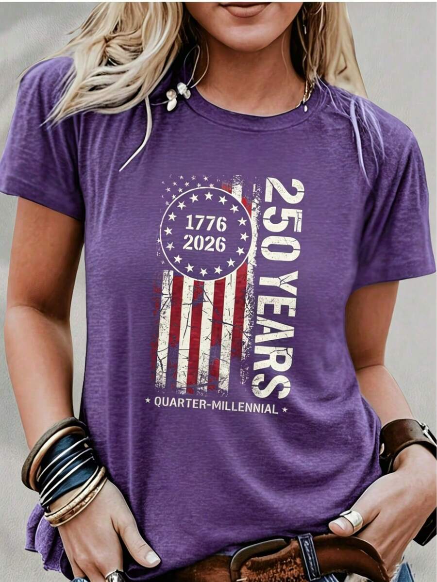 250th Anniversary 1776–2026 Women's T-Shirt, American Flag Cartoon Print, Round Neck Short Sleeve, Casual Loose Fit, Soft Breathable - 紫色 - 查看 1