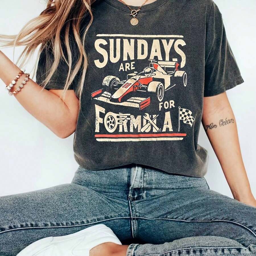 Men's T-Shirt With "Sundays Are For Formula Auto Racing" Print, Vintage Casual - 灰色 - 查看 1