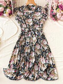 Vestido de verano para mujer de unicolor con mangas cortas, cuello alto, cintura plisada, para vacaciones y playa - Multicolor - Ver 6