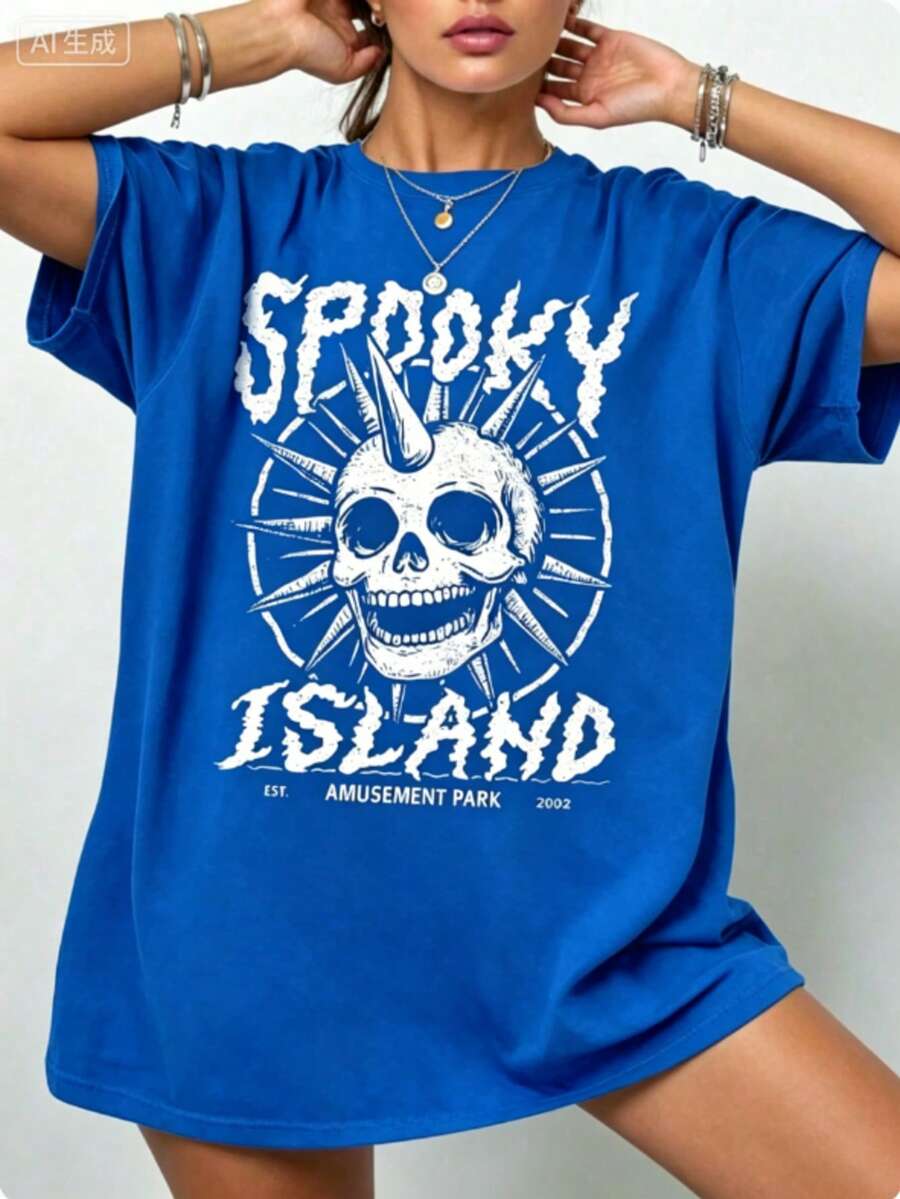 Gothic Punk Cotton T-Shirt,Spooky Island Skull Graphic Tee,Womens Street Concert Summer Top,Short Sleeve,Dark Aesthetic,Y2K Style,Edgy Fashion - 藍色 - 查看 1