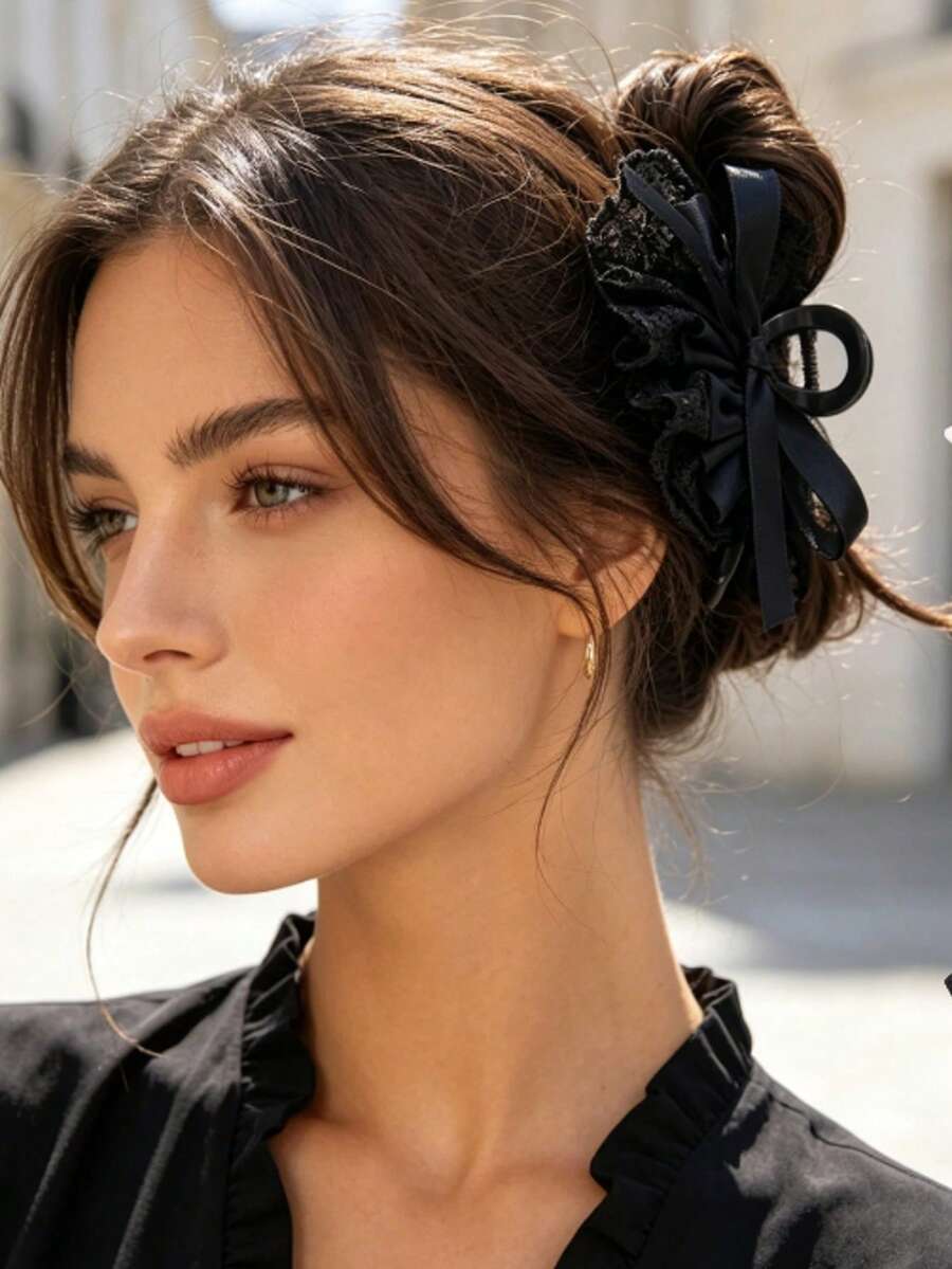 1 Peça Novo Clipe de Cabelo com Laço de Renda, Grampo de Cabelo da Moda Criador de Coque, Acessório Versátil de Penteado Meio Preso Estilo Princesa - Multicolorido - Visão 1