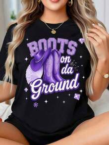 Camiseta Estilo Occidental Retro Para Mujer Botas En El Terreno De Manga Corta, Diseño De Botas Y Sombrero De Vaquero En Moda Casual, Cuello Redondo, Con Estampado Vibrante Para Uso Casual, Fie_7 Round Neck Printed Short Sleeve Casual Everyday T-Shirt, They Are Excellent Gifts For Friends And Family,100% Cotton T-Shirts Feature, A Youthful And Fashionable Design Blusas Para Mujer Camisa - Negro - Ver 6