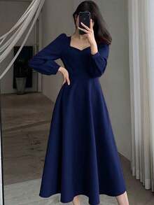 Vestidos largos de mujer Hepburn vintage cuello en v largo temperamento vestidos largos - Azul Marino - Ver 5
