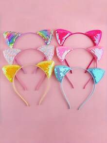 6/3/1 Pcs Shiny Sequin Cat Ear Headbands Set, Available In Dreamlike Pink, Mysterious Purple, Energetic Red, And Vibrant Rainbow Colors. Exquisite Craftsmanship - Suitable For Girls And Teenagers, Whether For Theme Parties, Anime Conventions, Birthdays, Vacations, Or Daily Styling, Wearing Them Will Instantly Add A Playful And Cute Vibe, Making You The Center Of Attention. - Multicolor - View 8