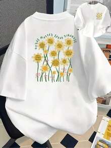 Camiseta de manga corta de talla grande para mujer - Camiseta básica casual de corte holgado, elegantes tops de poliéster, camiseta de manga corta estampada con diseños frontales y traseros - Mensajes florales positivos, inspiradores - Camiseta estampada de primavera/verano para mujer, artículo de moda, versátil y casual, transpirable y cómoda. - Blanco - Ver 11