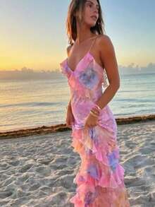 Vestido de tirantes con borde ondulado moda  corte ajustado elegante para mujer - Rojo - Ver 4