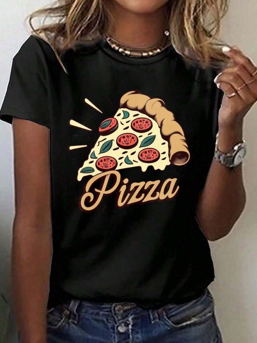 Camiseta Holgada Sencilla Mujer Estilo Moderno Una camiseta retro con estampado de pizza, de manga corta y cuello redondo, casual y adecuada para primavera y verano, diseñada para mujeres.ropa mujer Camiseta Mujer Estampado Gráfico Verano 2026 - Negro - Ver 1