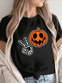 Camiseta negra de manga corta, estampada con un diseño de calabaza sonriente y símbolo de paz - poliéster elástico ligero, top casual duradero con cuello redondo, adecuada para disfraces de fiesta de Halloween, uso casual y eventos temáticos (lavable a máquina). - Negro - Ver 7