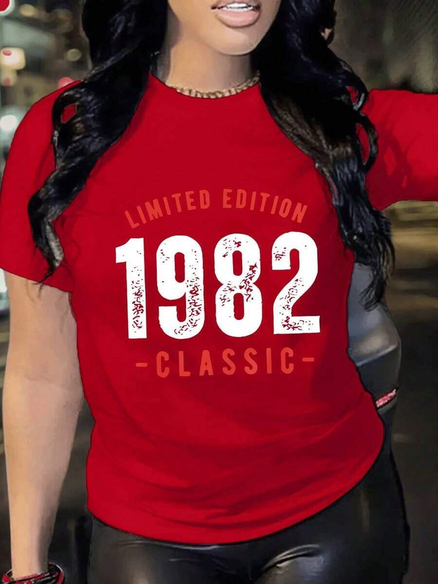 1 pieza de camiseta vintage de edición limitada para mujer de 1982 - Estampado retro de los años 80, rojo/negro/rosa/beige/azul marino/blanco, camiseta casual de manga corta y cuello redondo de poliéster-spandex suave para fiestas temáticas de los años 80 y atuendos casuales. Camiseta casual para mujer de 180g-% algodón: perfecta para actividades al aire libre y ropa urbana - Camiseta unisex de algodón de manga corta y cuello redondo de estilo vintage. - Rojo - Ver 1