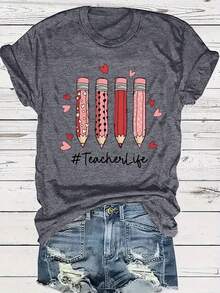 Talla Grande - Top Casual de Talla Grande con Mangas Cortas y Estampado de Letras, Adecuado para Verano y Primavera, Ropa de Mujer - Gris Oscuro - Ver 6