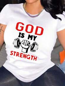 Women's Inspirational T-Shirt With The "God Is My Strength" Print, Crew Neck, Geometric Pattern, Regular Length, Casual Style, Fabric, For Spring And Autumn, Fitness-Themed T-Shirt. | Printed T-Shirt | Machine Washable Top - 白色 - 查看 1