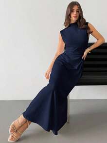 Vestido maxi de línea A con cuello alto, sin mangas, con volantes, elegante y romántico, color blanco, adecuado para citas, uso diario y el trabajo - Azul marino - Ver 6