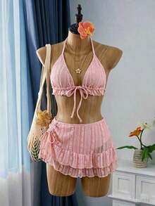 Conjunto de bikini y vestido de playa de tela de encaje color albaricoque dulce para mujer, vacaciones de verano - Rosa - Ver 4