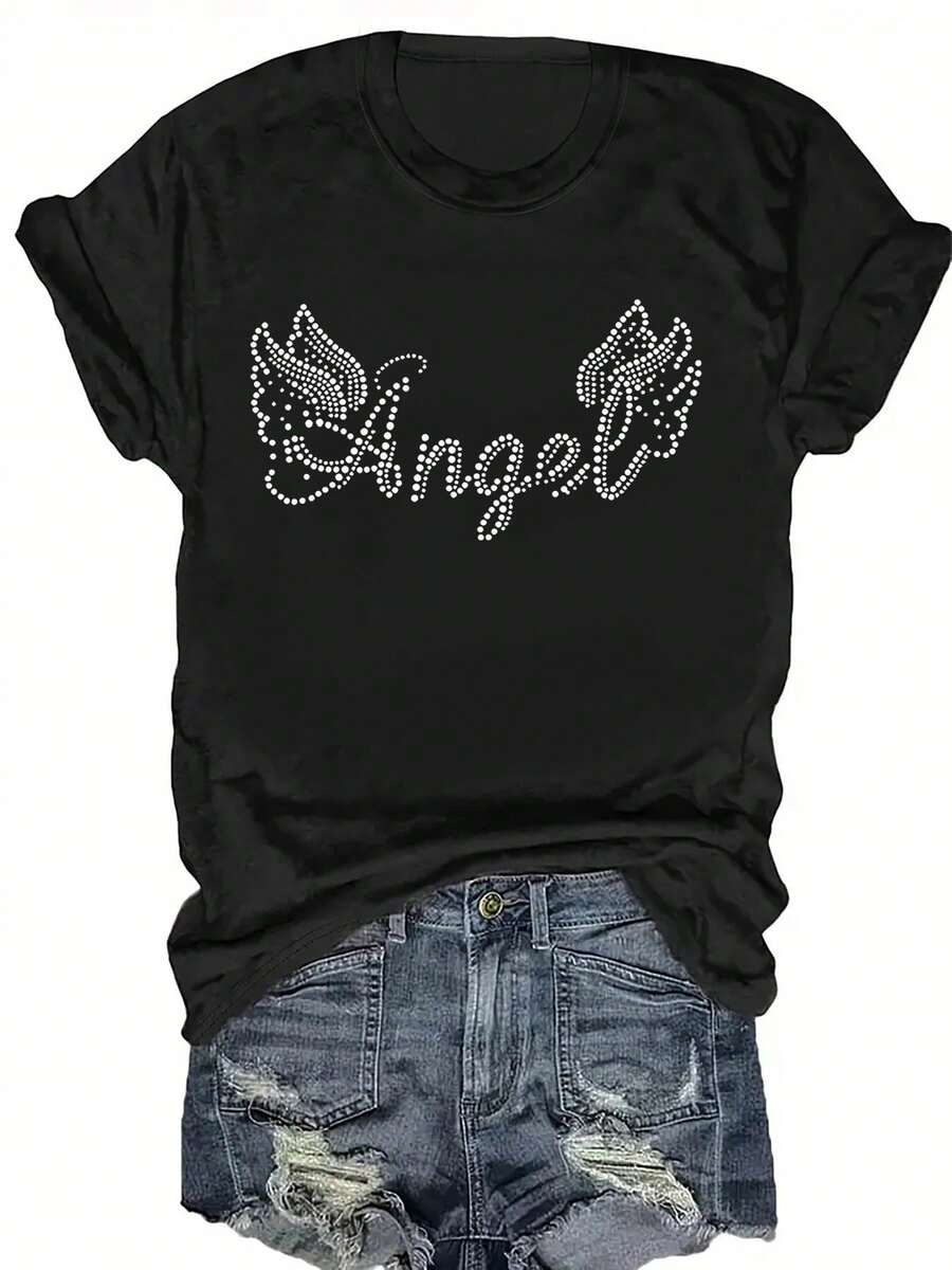 Talla Grande - Talla Grande - Camiseta Casual de Talla Grande con Mangas Cortas y Estampado de Letras, Adecuada para Verano y Primavera, Ropa de Talla Grande para Mujer - Negro - Ver 1