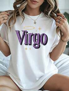 Elegant And Casual Women's Short-Sleeved White T-Shirt With Virgo Zodiac Sign Print, Summer Casual Wear,  Astrology-Themed Top. - 白色 - 查看 8