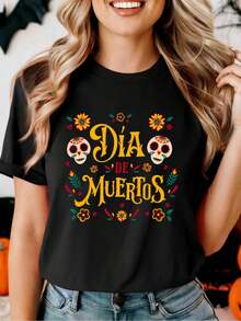 Camiseta de Mujer Oversize Extra Grande Día de Muertos Diseño Creativo con Estampado de Calaveras y Flores Estilo Retro para el Día de Muertos Camiseta de Cuello Redondo para Mujer Primavera y Verano Tops para Salir para Mujer - Negro - Ver 7