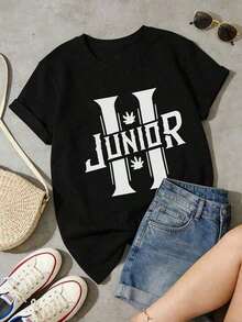 short-sleeveRound Neck Camiseta de manga corta con cuello redondo suave y casual para mujer, estilo juvenil con estampado de letras y símbolos de hojas, diseño moderno y fresco.100% Cotton Blusas Para Mujer Casual100% Cotton - Negro - Ver 3