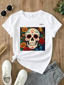 Oferta por tiempo limitado, cantidad limitada disponible,  relámpago, camisas de mujer, camisetas de mujerPlayera Blanca de Mujer con Estampado de Calavera Mexicana Floral y Mariposas, Camiseta Manga Corta Casual, Moda  Día de Muertos 2026, Ropa Ligera y Comoda para Dama, Ideal para Fiestas y Uso Diario - Blanco - Ver 3