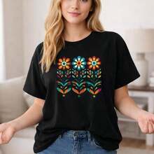Women's Casual Cotton T-Shirt, Loose Fit, Short Sleeve With Colorful Floral Print, Casual Daily Wear, Soft And Breathable Fabric, Round Neck, Basic Summer Top, Sizes Up To 5XL. - 黑色 - 查看 8