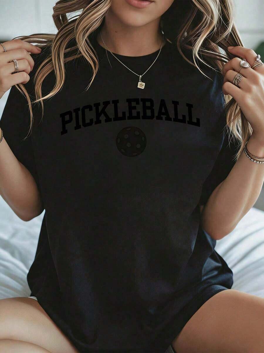 Stylish And Casual Women's Short-Sleeved Pickleball T-Shirt, Summer Sporty Graphic Print, White, Unisex, For Outdoor Activities And Casual Wear. - 黑色 - 查看 1
