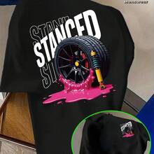 STANCED Men's Low-Profile Car Modification T-Shirt - Racing Wheel Hub & Shock Absorber Graffiti Print, Pink Liquid Splatter Design Suitable For Car Enthusiasts, Streetwear, Daily Commute, Machine Washable Summer Top - Negro - Ver 6