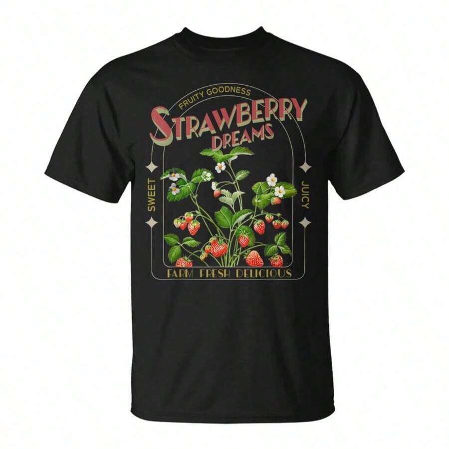 Camiseta Casual "Strawberry Dream" - Linda Camiseta para Amantes de las Fresas - Camiseta de Algodón Negra con Estampado de Manga Corta, Estilo Vintage Urbano, Casual y Versátil. 100% Algodón, Duradera. - Negro - Ver 1
