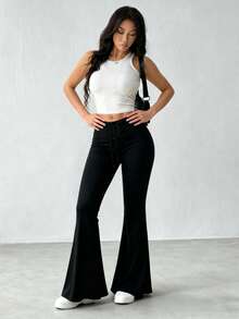 Pantalones elegantes, versátiles y estilizantes de estilo europeo, con cintura alta, piernas anchas y efecto levantador de glúteos, ideales para yoga, fitness y deportes de invierno - Negro - Ver 3