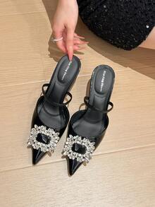 Xin Jing Shoes 女士优雅尖头水钻搭扣露趾凉鞋，性感时尚绑带通勤派对中跟凉鞋 - 黑色 - 查看 4