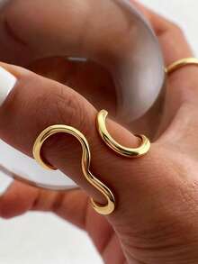 1 pieza Anillo de acero inoxidable con línea asimétrica, anillo abierto minimalista y versátil apto para uso diario - Multicolor - Ver 2