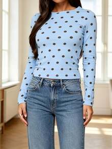 Polka Dot Tops For Women Y2K Long Short Sleeve Tee Crop Top Vintage Cute Slim Fit Crew Neck Shirt Going Out Streetwear - 藍色 - 查看 3