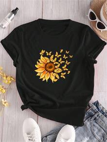 Camiseta Casual Esencial de Corte Holgado - Corte Holgado - Camiseta casual para mujeres solas, con diseños de girasoles y mariposas, cuello redondo y mangas cortas. Hecho de tela ligeramente elástica. Algodón Suave para Uso Diario en Verano - Negro - Ver 1